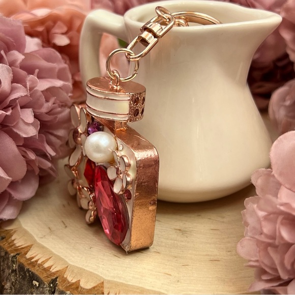 Pink Crystal Flower Perfume Bottle Keychain Charm - Picture 8 of 16